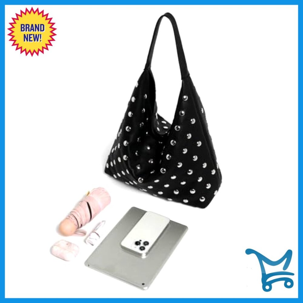 Studded Vegan Leather Hobo Shoulder Bag Tote Purse Large Capacity - Picture 4 of 7